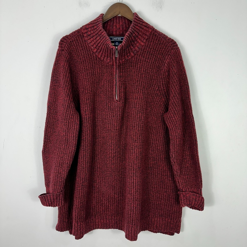 Lands' End Sweater 2X Red Quarter Zip Chunky Knit Cotton Blend Preppy Cozy